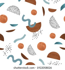 Abstract geometric minimal shape seamless pattern. Watercolor wave, circle, doodles texture background. Hand drawn vector illustration for minimalist print, cover, boho decor, organic wallpaper design