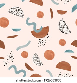 Abstract geometric minimal shape seamless pattern. Watercolor wave, circle, doodles texture background. Hand drawn vector illustration for minimalist print, cover, boho decor, organic wallpaper design