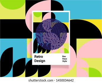 Abstract geometric minimal vector poster in neo-memphis/ bauhaus/ vaporwave style. Retrofuturistic cover for club party, music concert. 