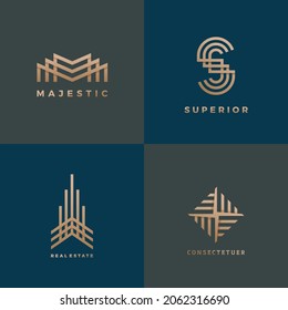 Abstract Geometric Minimal Vector Signs, Symbols Or Logo Templates Set. Building Silhoutte And Modern Letters Monograms With Brass Gradient Collection. Isolated.