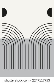 Abstract geometric minimalist artwork. Mid century modern and Bauhaus inspired retro poster with an arch and circle. Modern trendy black and white wall art with simple shapes.