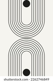 Resumen de arte geométrico minimalista. Afiche retro inspirado en Bauhaus y moderno de mediados de siglo con arco y círculo. Arte moderno en las paredes en blanco y negro con formas simples.