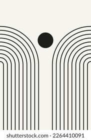 Abstract geometric minimalist artwork. Mid century modern and Bauhaus inspired retro poster with an arch and circle. Modern trendy black and white wall art with simple shapes.