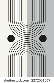Abstract geometric minimalist artwork. Mid century modern and Bauhaus inspired retro poster with an arch and circle. Modern trendy black and white wall art with simple shapes.