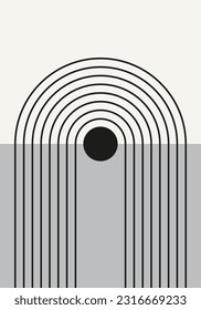Resumen de arte geométrico minimalista. Afiche retro inspirado en Bauhaus y moderno de mediados de siglo con arco y círculo. Arte moderno en las paredes en blanco y negro con formas simples.