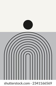 Resumen de arte geométrico minimalista. Afiche retro inspirado en Bauhaus y moderno de mediados de siglo con arco y círculo. Arte moderno en las paredes en blanco y negro con formas simples.