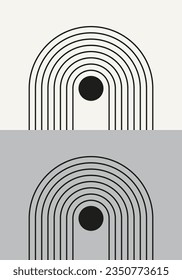 Abstract geometric minimalist artwork. Mid century modern and Bauhaus inspired retro poster with an arch and circle. Modern trendy black and white wall art with simple shapes.