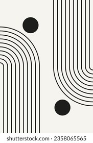 Abstract geometric minimalist artwork. Mid century modern and Bauhaus inspired retro poster with an arch and circle. Modern trendy black and white wall art with simple shapes.