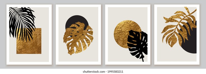 Abstract geometric minimalist wall art composition in beige, grey, white. Golden geometric shapes, circles, black and gold monstera, palm leaves. Wall art collage composition.