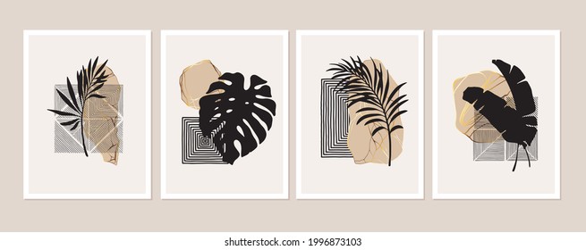 Abstract geometric minimalist wall art composition in beige, grey, white, pink, gold.  Geometric shapes, lines, black monstera, palm leaves. Wall art collage composition. Stone shapes.