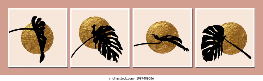 Abstract geometric minimalist wall art composition in beige, black, gold. Golden circle, palm leaves. Wall art collage composition.