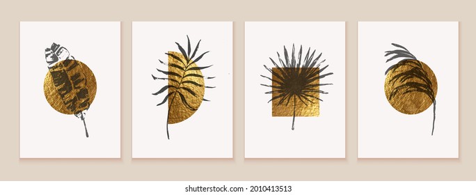 Abstract geometric minimalist wall art composition in black, white. Golden geometric shapes, circles, black  palm leaves. Wall art collage composition.
