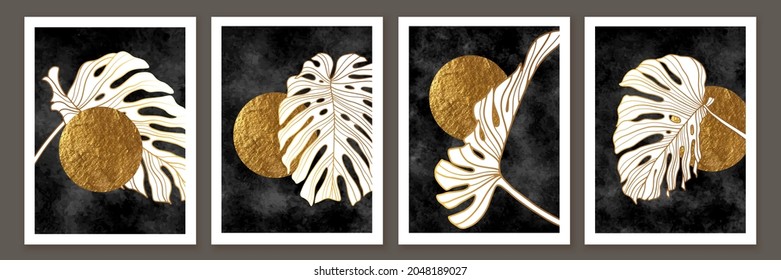 Abstract geometric minimalist wall art composition in beige, grey, white. Golden geometric shapes, circles, black monstera, palm leaves. Wall art collage composition.