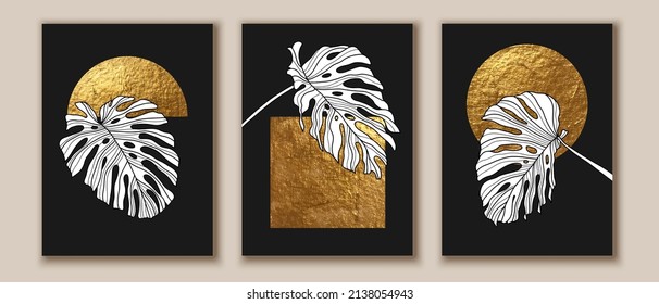 Abstract geometric minimalist wall art composition in golden, black, white. Golden geometric shapes, circles, white monstera, palm leaves. Wall art collage composition.