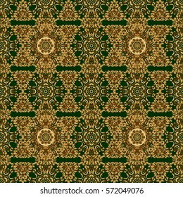 Abstract geometric modern background. Art deco style. Texture of gold foil. Green and gold seamless pattern. Polka dots, confetti. Vector illustration. Shiny backdrop.