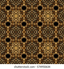 Abstract geometric modern background. Black and gold seamless pattern. Polka dots, confetti. Vector illustration. Art deco style. Texture of gold foil. Shiny backdrop.