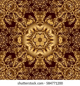 Abstract geometric modern background. Brown and gold seamless pattern. Polka dots, confetti. Shiny backdrop. Texture of gold foil. Art deco style. Vector illustration.