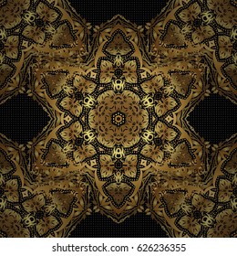 Abstract geometric modern background. Polka dots, confetti. Art deco style. Texture of gold foil. Vector illustration. Black and gold seamless pattern. Shiny backdrop.