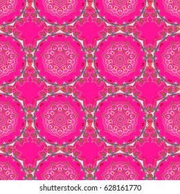 Abstract geometric modern background. Polka dots, confetti. Texture of multicolor foil. Vector illustration. Magenta backdrop with multicolor seamless pattern. Shiny backdrop. Art deco style.