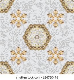 Abstract geometric modern background. Texture of gold foil. Vector illustration. Gray and gold seamless pattern. Shiny backdrop. Polka dots, confetti. Art deco style.