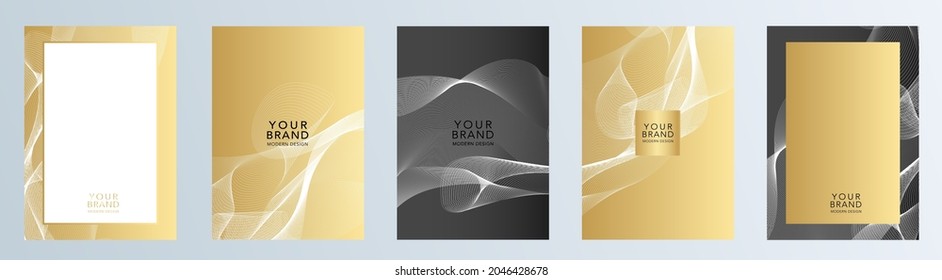 Abstract geometric modern cover design set. Elegant design for business sale, wedding card, luxury menu template, holiday flyer. The pattern of white and gold wavy lines on golden vector background.