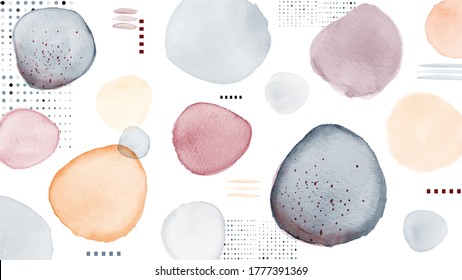 Abstract geometric modern design combined with stain hand-painted watercolor on white background. Artistic vector used as decorative design of brochure, poster, card, cover, banner, Wall art.