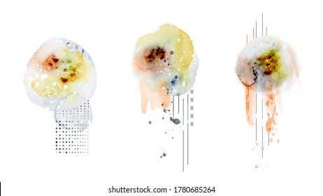 Abstract geometric modern design combined with splatter hand-painted watercolor isolated on white background. Artistic vector used as design logo, banner, poster, card, cover, banner, Wall art.