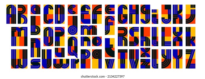 Abstract geometric modern font vector typeset, logo creation alphabet minimal tech linear geometry style, stylish square square tile letters set, uppercase and lowercase.