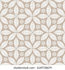 Abstract geometric modern leaf and flower pattern on beige background.