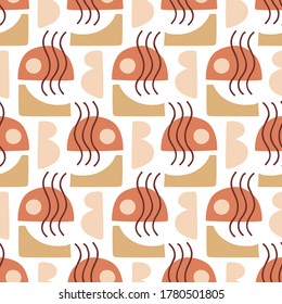 Resumen Patrón geométrico moderno sin soldadura. Fondo de estilo de mediados del siglo 1950, ilustración vectorial retro. Collage con formas. Tejidos de color sano mínimo impresión, tapicería, papel de envoltura