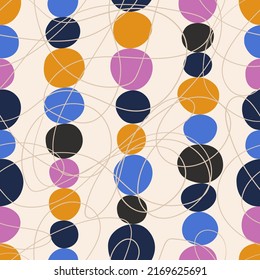 Abstract geometric modern seamless pattern with irregular circles and scribbles vector illustration for print and design.