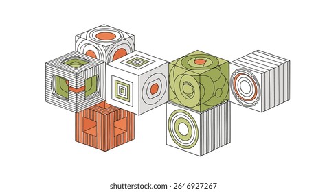 Estruturas modulares geométricas abstratas do cubo com padrões internos e elementos interligados para conceitos de projeto arquitetônico e exploração espacial