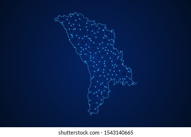 Abstract geometric of Moldova map polygonal line, structure and point scales on blue dark background with lights and dots. Vector illustration eps 10.
