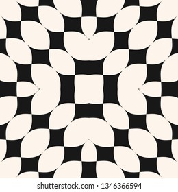 Abstract geometric monochrome seamless pattern. Vector black and white texture with small curved shapes, mesh, grid. Stylish minimal background. Pop art style. Repeat design for decor, cover, prints