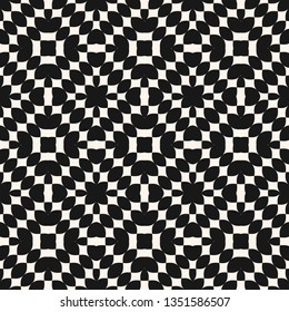Abstract geometric monochrome seamless pattern. Vector black and white texture with small curved shapes, mesh, grid. Stylish minimal background. Pop art style. Repeat design for decor, wallpapers