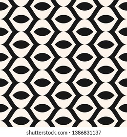 Abstract geometric monochrome seamless pattern with wavy lines, curved shapes, mesh, net, grid, lattice, weaving, tissues. Simple vector black and white background texture. Minimal repeatable design