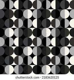 Abstract Geometric Monochrome Style Circles Diagonal Stripes Seamless Retro Pattern Minimal Simple Elegant Design Perfect for Allover Fabric Print or Wrapping Paper Black White Tones