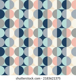 Abstract Geometric Monochrome Style Circles Diagonal Stripes Seamless Retro Pattern Minimal Simple Elegant Design Perfect for Allover Fabric Print or Wrapping Paper Blue Ecru Tones