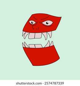 Abstract geometric monster head. Red shapes with white fangs and eyes. Modern and quirky design element.