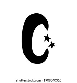Abstract geometric moon or crescent with stars as a decorative element for contemporary trendy design. Isolated black silhouette, vector illustration.