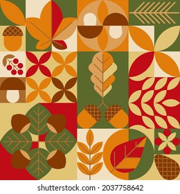 Abstract geometric mosaic background with autumn forest simbols. Autumnal seamless pattern. Vector illustration, flat style. Texture, wallpaper, wrapping paper, textile, fabric, home decor