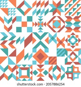 Resumen del fondo geométrico del mosaico con varios patrones de mosaico. Pinceladas, texturas, adornos para baldosas de cerámica, textiles, tela, papel pintado, decoración casera.