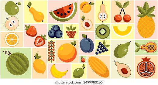 Abstract geometric mosaic fruit pattern. Retro vintage summer dessert collection with apple melon strawberry blueberry peach orange in geometric collage background. Fruits and berries from the garden.