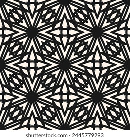 Abstractas adorno de mosaico geométrico. Vector negro y blanco patrón sin costuras con rejilla, celosía, red, Formas ornamentales, siluetas florales. Textura de fondo monocroma simple. Diseño geométrico repetible