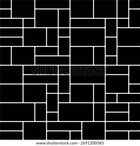 Abstract geometric mosaic pattern of black rectangles and white lines backdrop