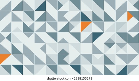 Abstract geometric mosaic pattern featuring a grid of right-angled triangles in various shades of gray, slate blue, and light white with minimalist orange accent shapes for background.