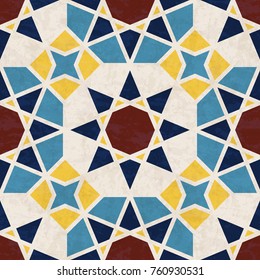 Abstract geometric mosaic pattern with polygons and stars, marbled tiles in Moroccan style, textured seamless vector illustration