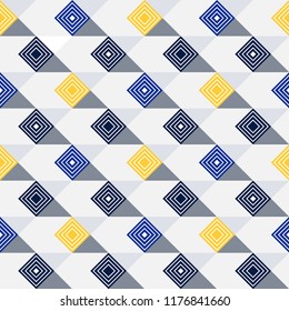 Abstract geometric mosaic seamless pattern of grey triangles, blue and yellow squares filled with shapes with white border. Vector illustration