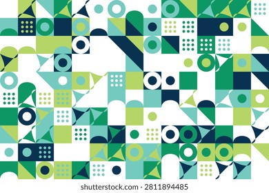 Abstract geometric mosaic with teal, mint, and navy shapes and circular patterns