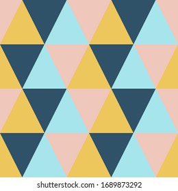 Triángulo de mosaico geométrico abstracto sin fisuras. Ilustración de fondo retro vectorial de mosaico colorido en naranja, rosa, azul y verde.